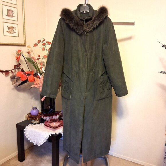 Preowned Utex Design Olive Green Warm Long Coat with Hood Windproof Outerwear - Picture 6 of 16